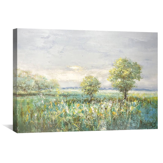 Serene Meadow Landscape Oil Painting with Lush Greenery and Peaceful Atmosphere