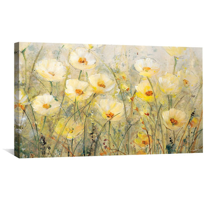 Sunlit Meadow Oil Painting of Vibrant Yellow Flowers in Bloom