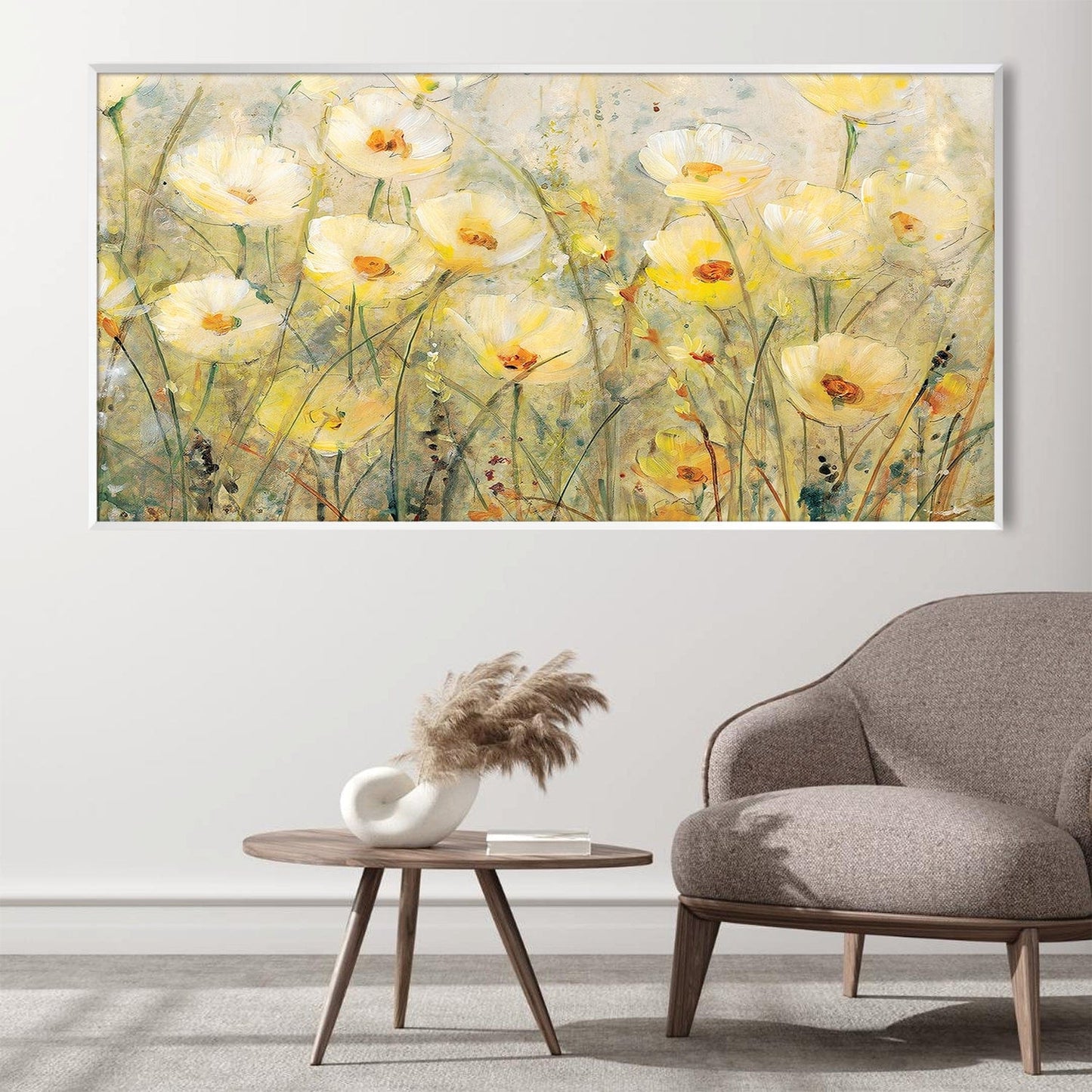 Sunlit Meadow Oil Painting of Vibrant Yellow Flowers in Bloom
