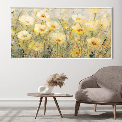 Sunlit Meadow Oil Painting of Vibrant Yellow Flowers in Bloom