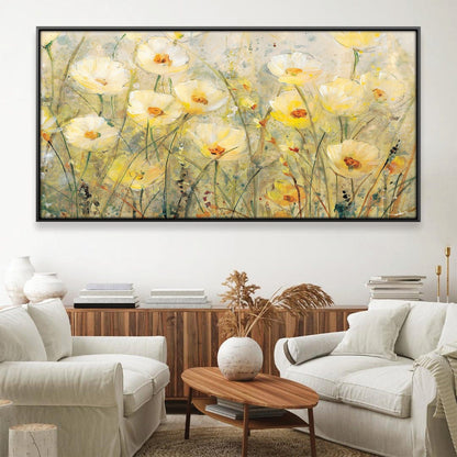 Sunlit Meadow Oil Painting of Vibrant Yellow Flowers in Bloom