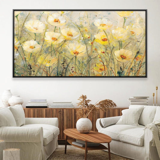 Sunlit Meadow Oil Painting of Vibrant Yellow Flowers in Bloom