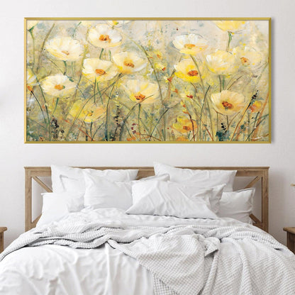 Sunlit Meadow Oil Painting of Vibrant Yellow Flowers in Bloom