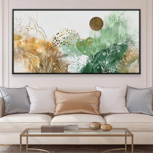 Abstract Meadow Oil Painting with Earthy Greens and Gold Accents for Contemporary Decor