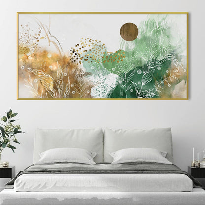 Abstract Meadow Oil Painting with Earthy Greens and Gold Accents for Contemporary Decor