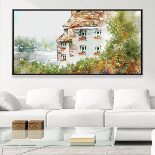 Charming Meadowside Cottage Landscape Oil Painting for Home Decor