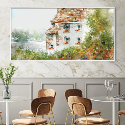Charming Meadowside Cottage Landscape Oil Painting for Home Decor