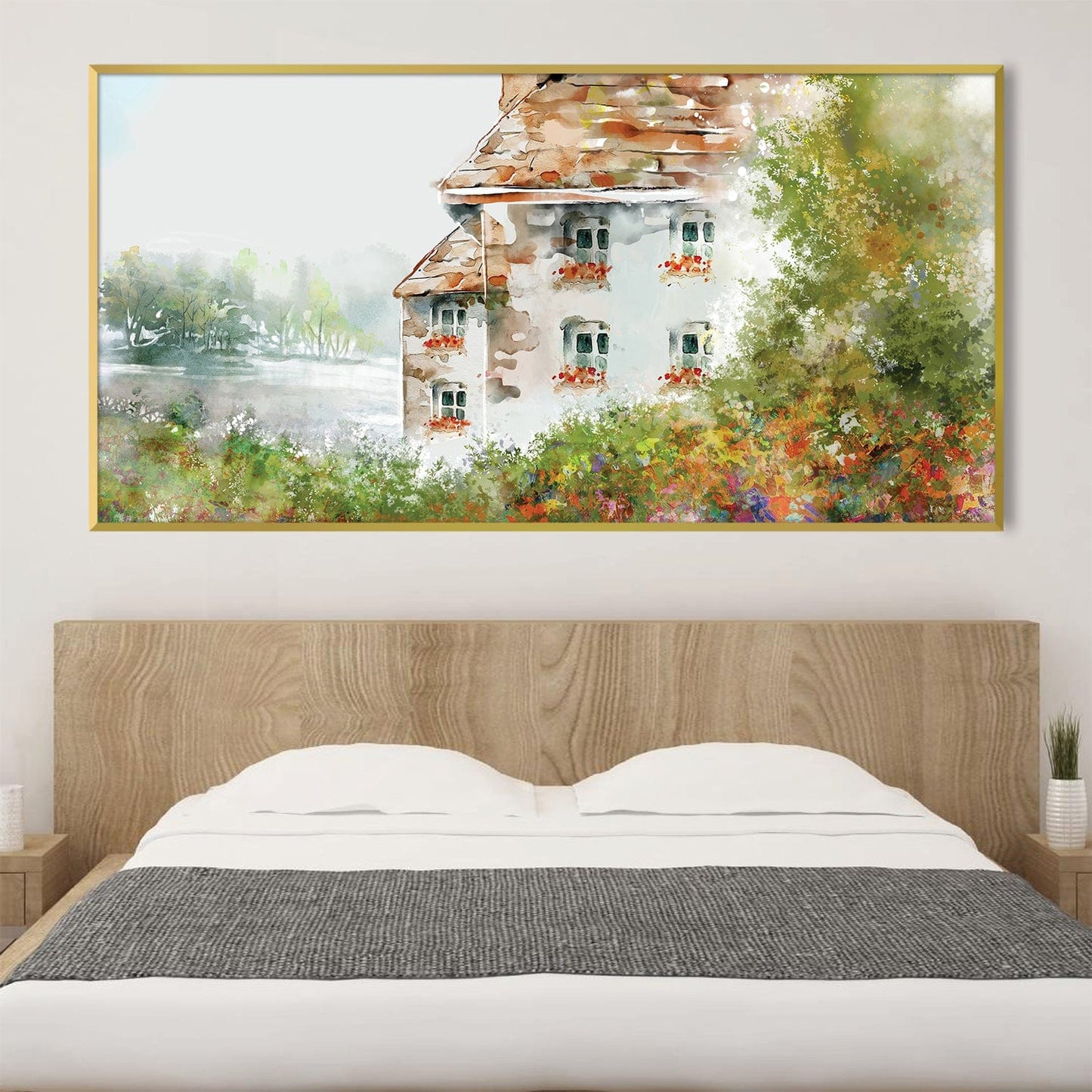 Charming Meadowside Cottage Landscape Oil Painting for Home Decor