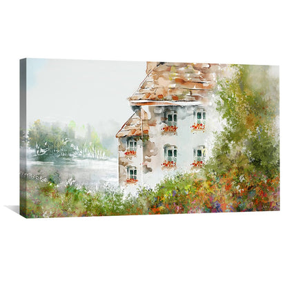 Charming Meadowside Cottage Landscape Oil Painting for Home Decor