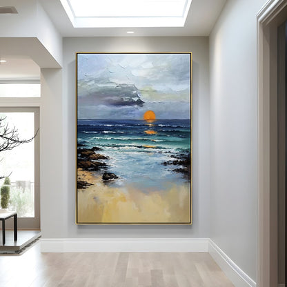 Tranquil Coastal Sunset Oil Painting for Serene Home Decor