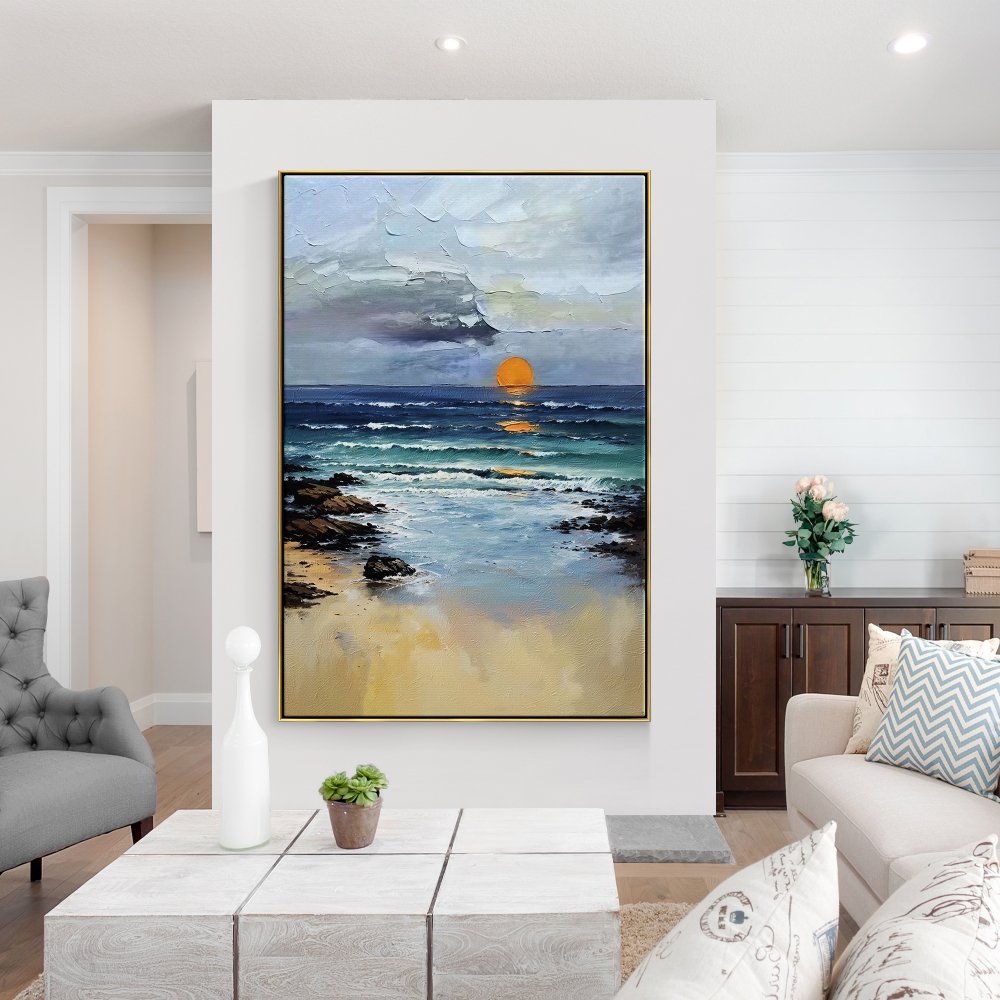 Tranquil Coastal Sunset Oil Painting for Serene Home Decor