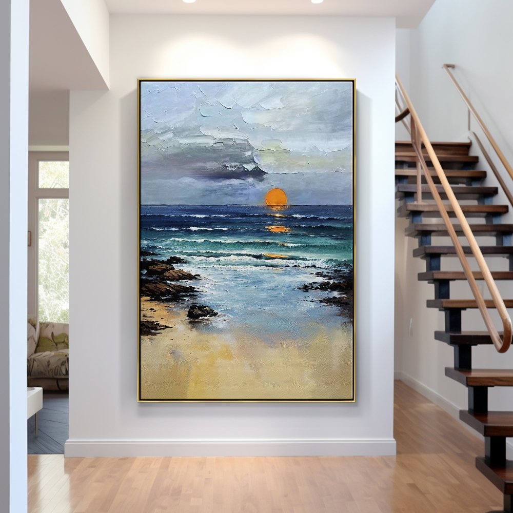 Tranquil Coastal Sunset Oil Painting for Serene Home Decor