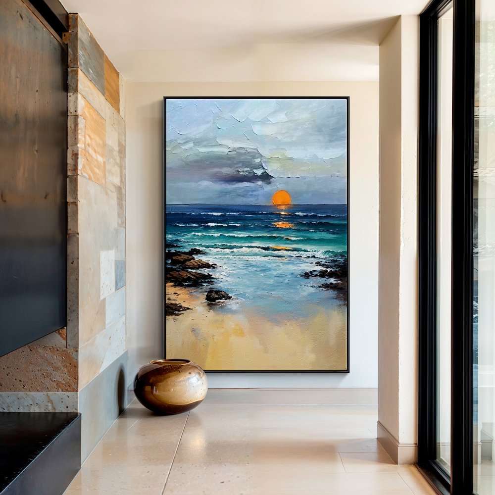 Tranquil Coastal Sunset Oil Painting for Serene Home Decor