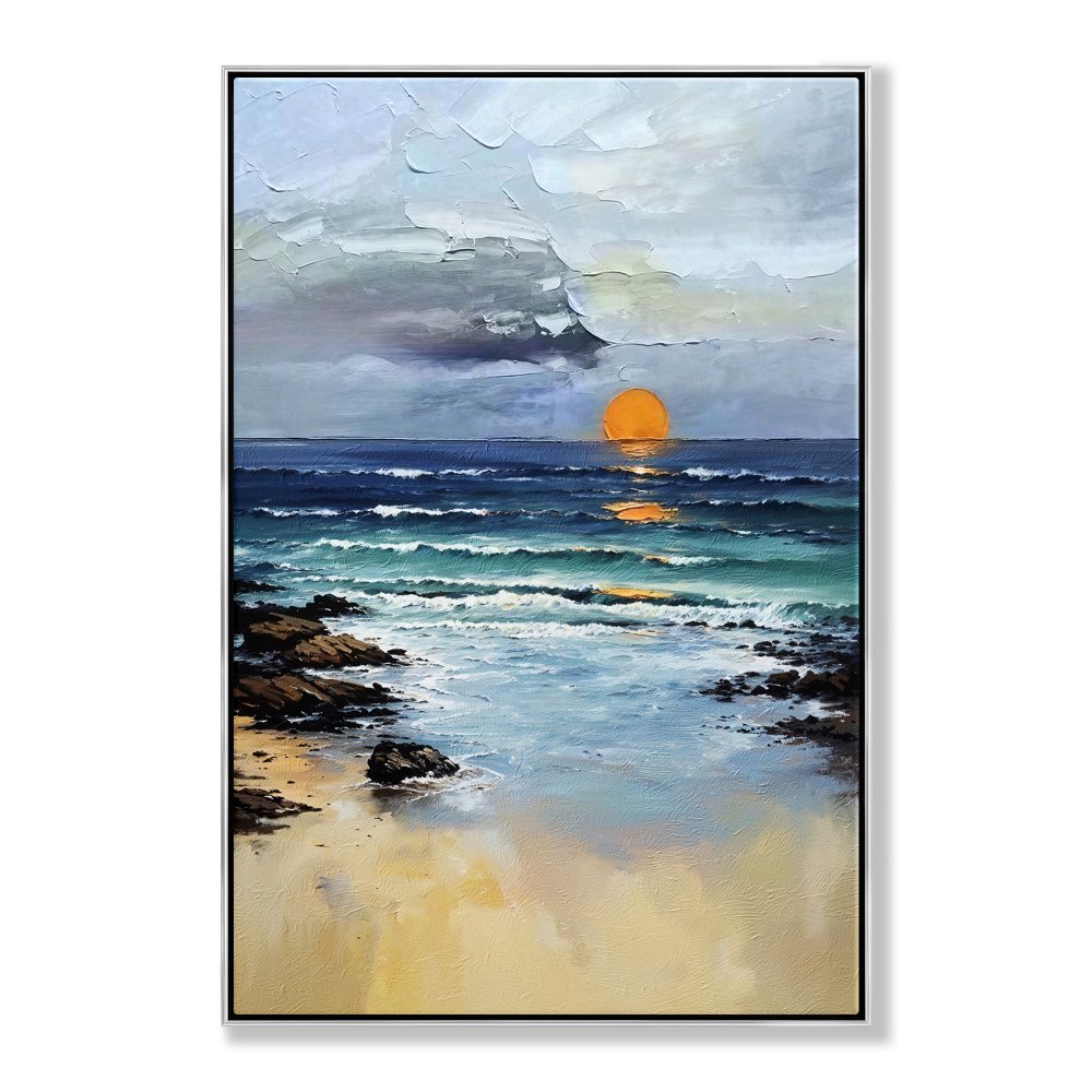 Tranquil Coastal Sunset Oil Painting for Serene Home Decor