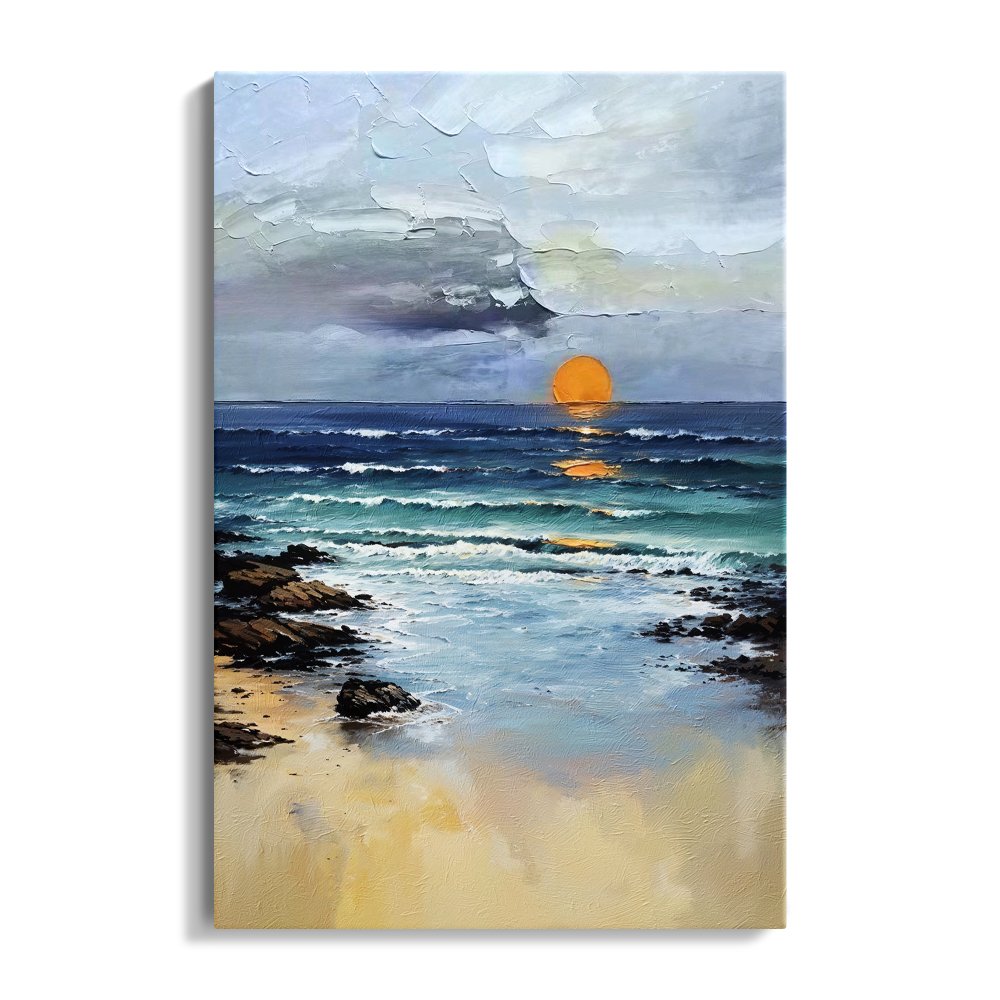 Tranquil Coastal Sunset Oil Painting for Serene Home Decor