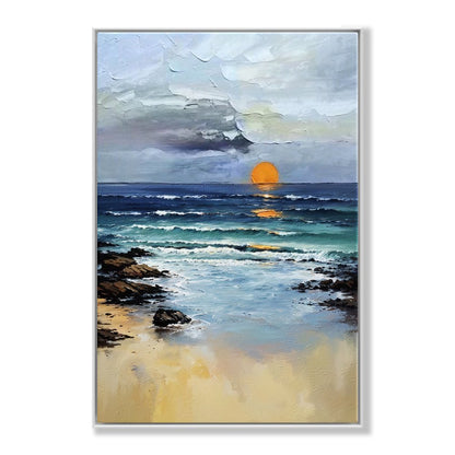 Tranquil Coastal Sunset Oil Painting for Serene Home Decor