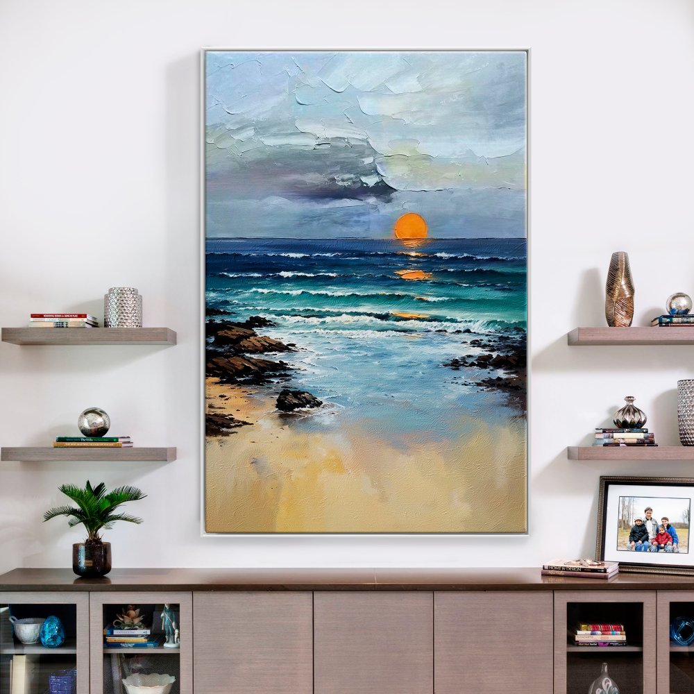 Tranquil Coastal Sunset Oil Painting for Serene Home Decor