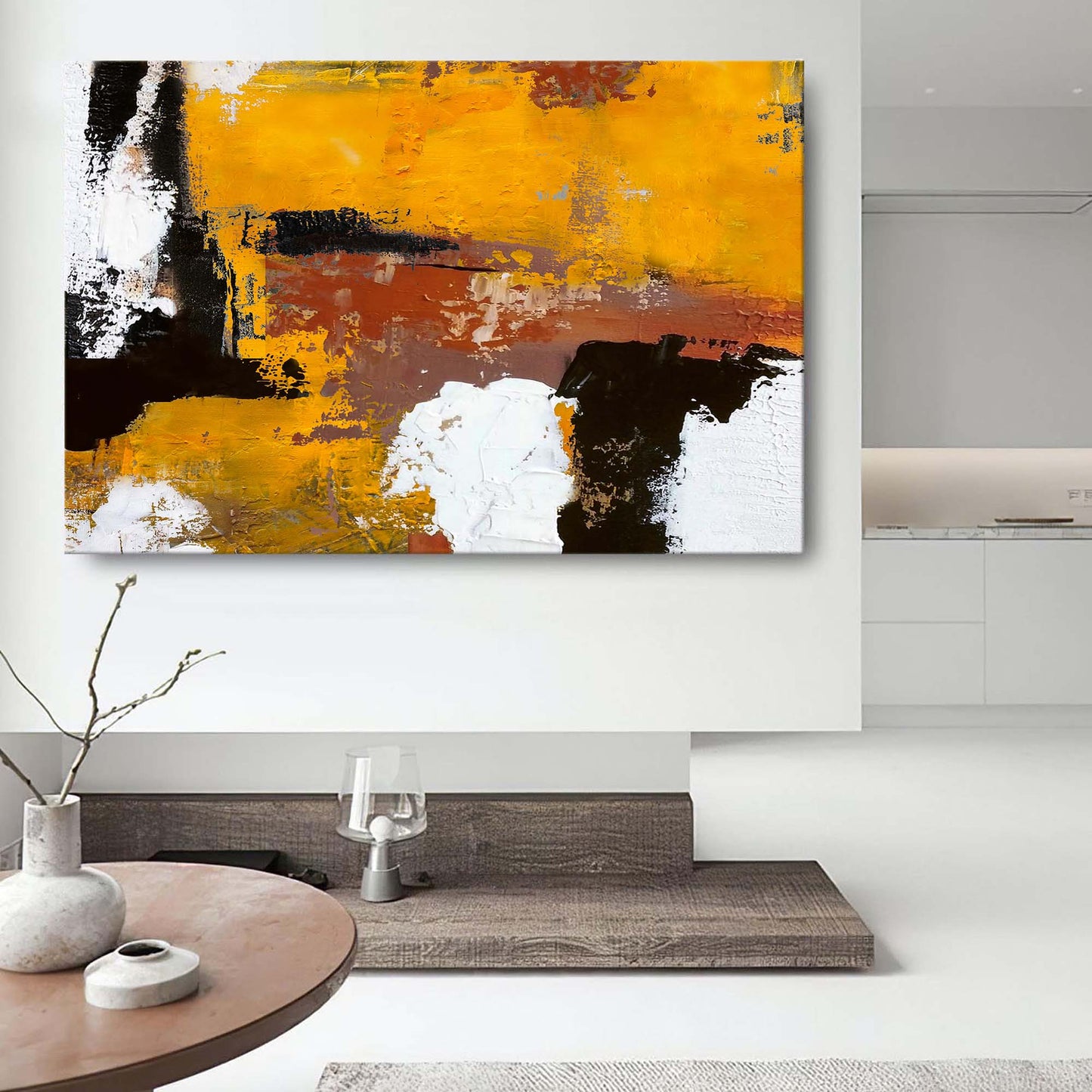 Vibrant Abstract Oil Painting in Rich Yellow and Earthy Tones for Modern Home Decor