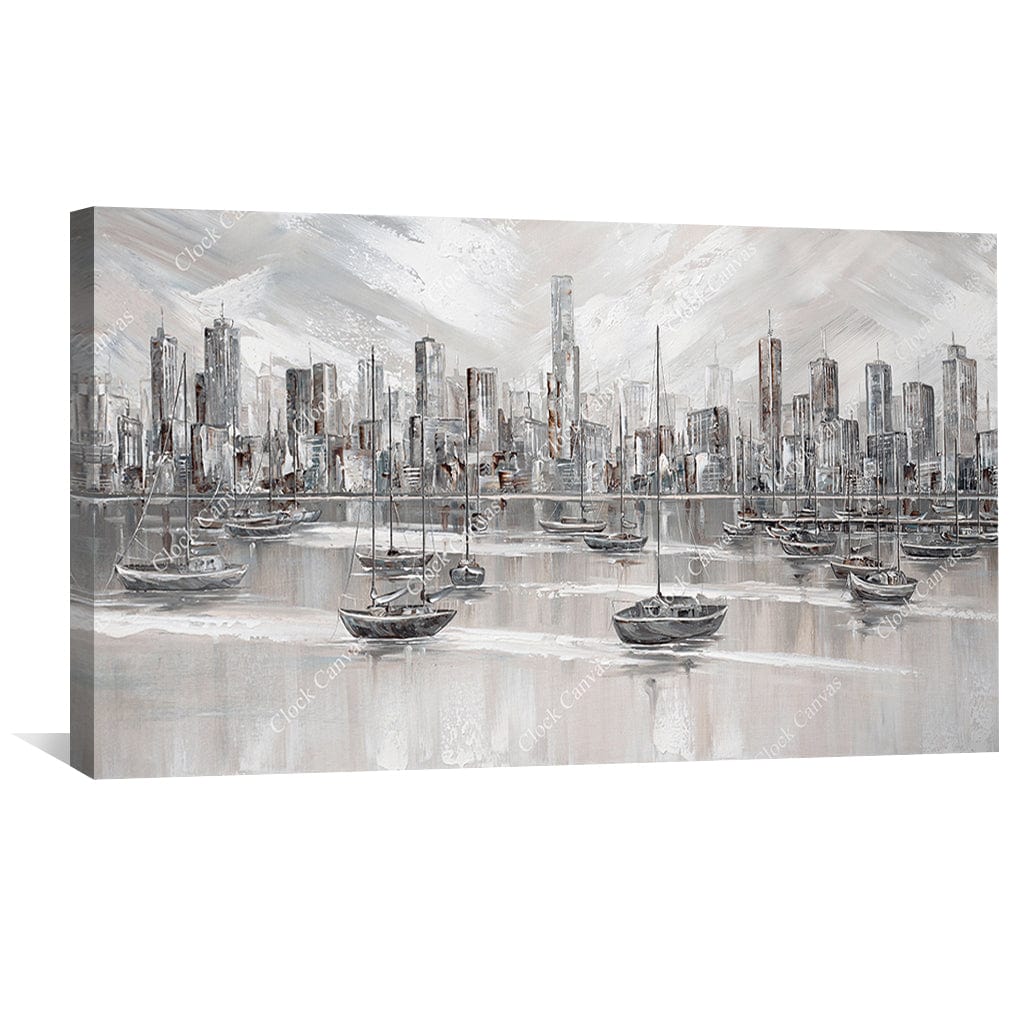 Stunning Melbourne City Skyline with Boats - Elegant Oil Painting for Modern Décor