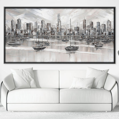 Stunning Melbourne City Skyline with Boats - Elegant Oil Painting for Modern Décor