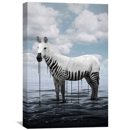 Contemporary Zebra Oil Painting with Dripping Ink and Serene Water Reflection