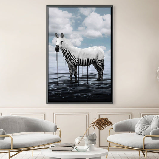 Contemporary Zebra Oil Painting with Dripping Ink and Serene Water Reflection