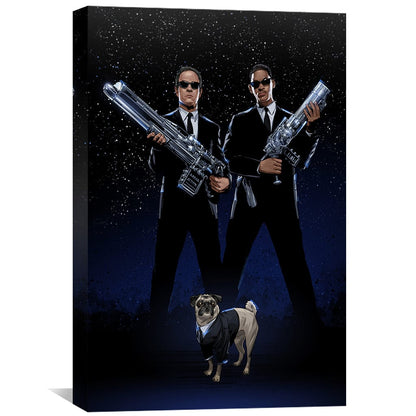 Stylish Men in Black Canvas Art with Pug - Unique Oil Painting for Modern Decor