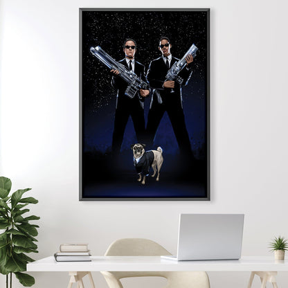 Stylish Men in Black Canvas Art with Pug - Unique Oil Painting for Modern Decor