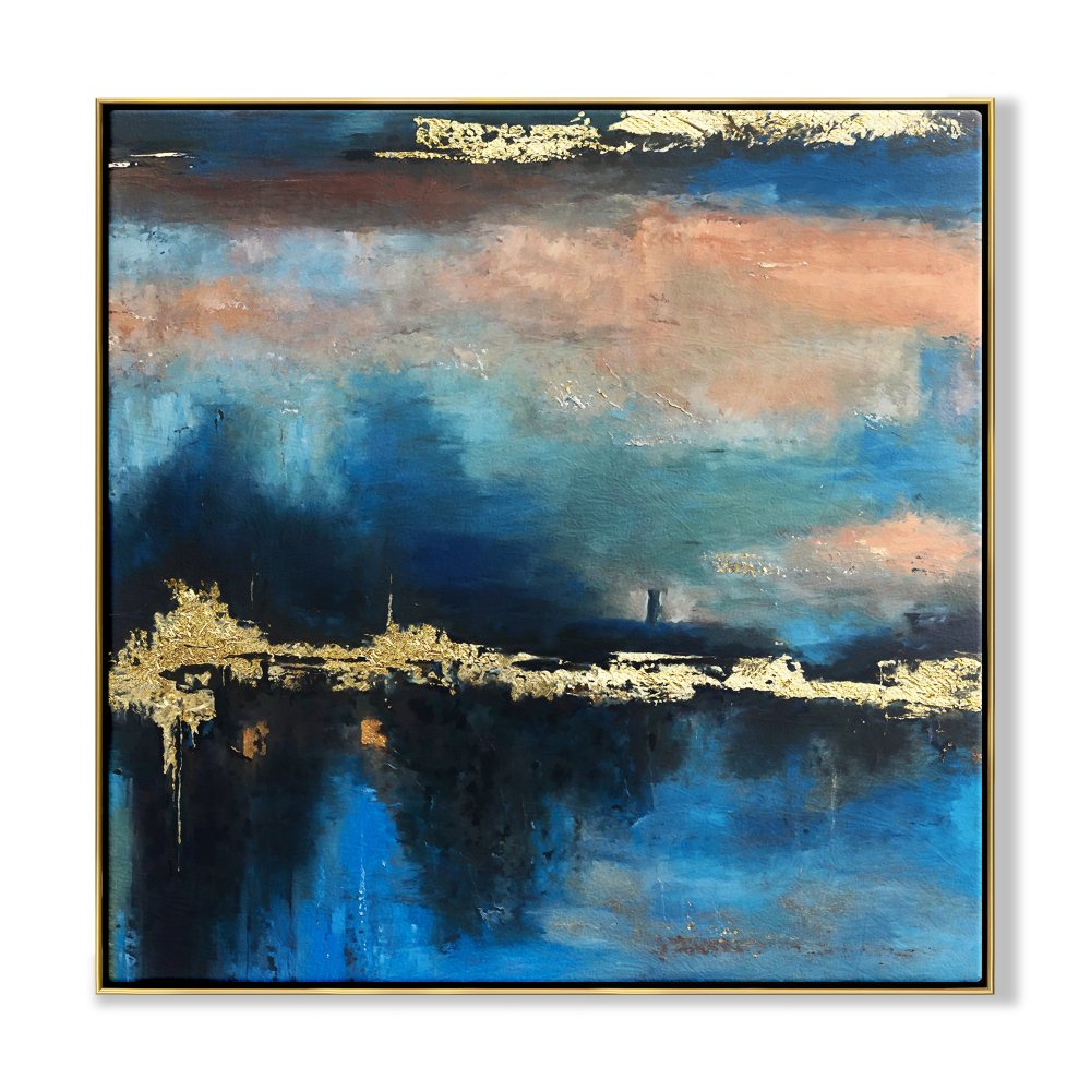 Abstract Oil Painting of Golden Sunset Over Blue Horizon