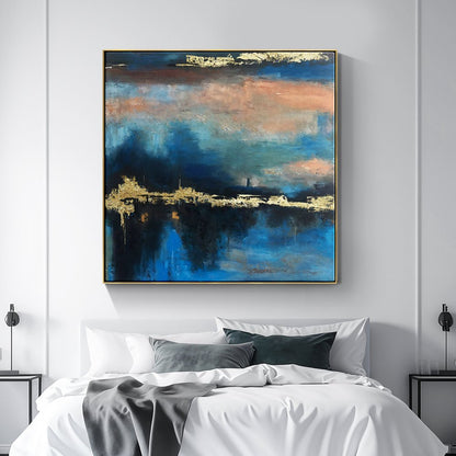 Abstract Oil Painting of Golden Sunset Over Blue Horizon