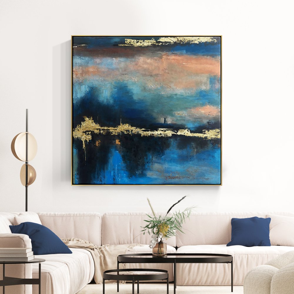 Abstract Oil Painting of Golden Sunset Over Blue Horizon