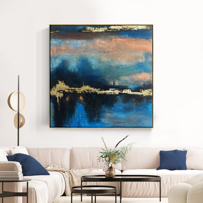 Abstract Oil Painting of Golden Sunset Over Blue Horizon