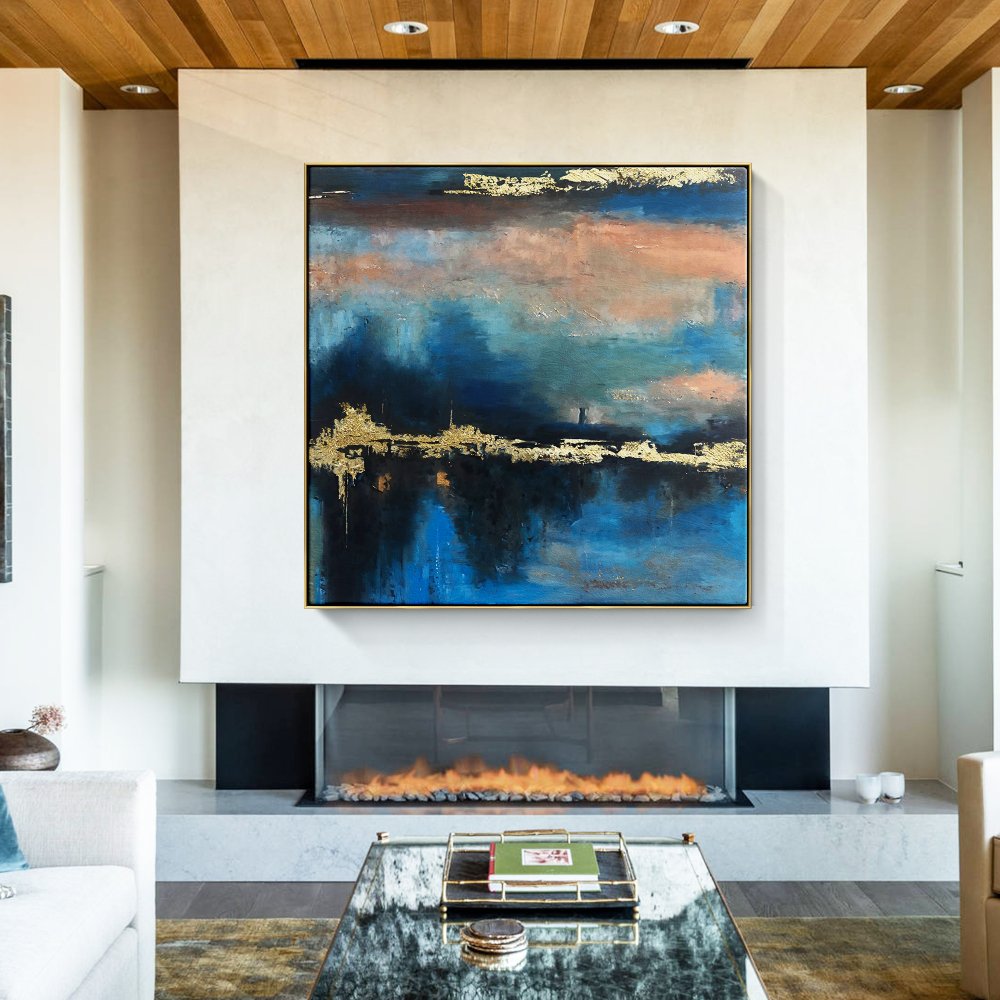 Abstract Oil Painting of Golden Sunset Over Blue Horizon