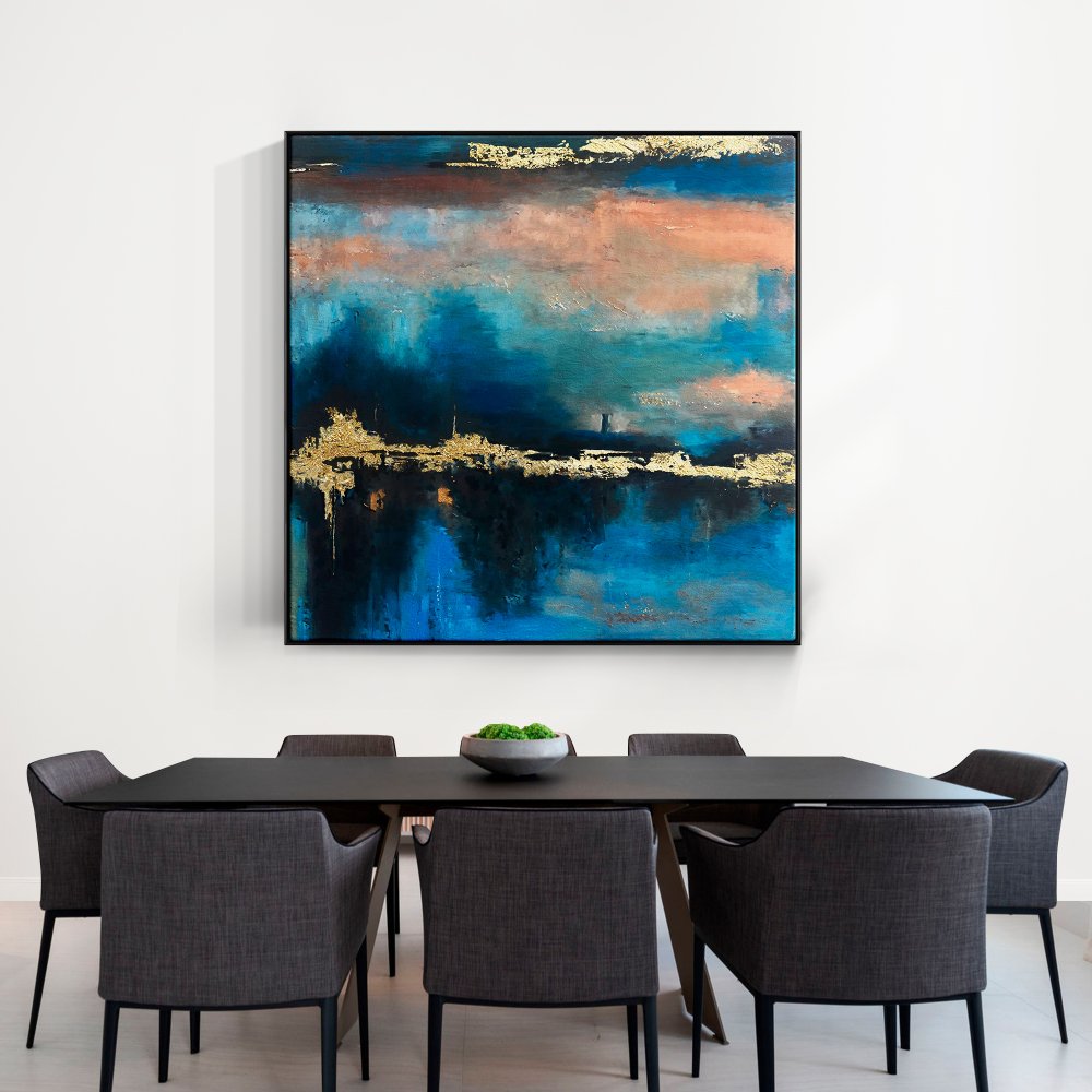 Abstract Oil Painting of Golden Sunset Over Blue Horizon
