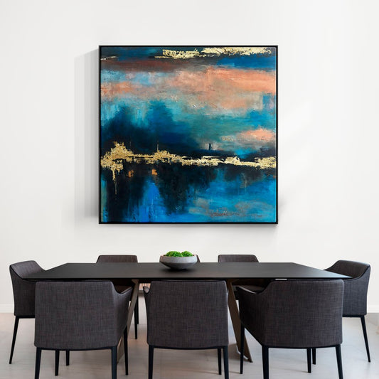 Abstract Oil Painting of Golden Sunset Over Blue Horizon
