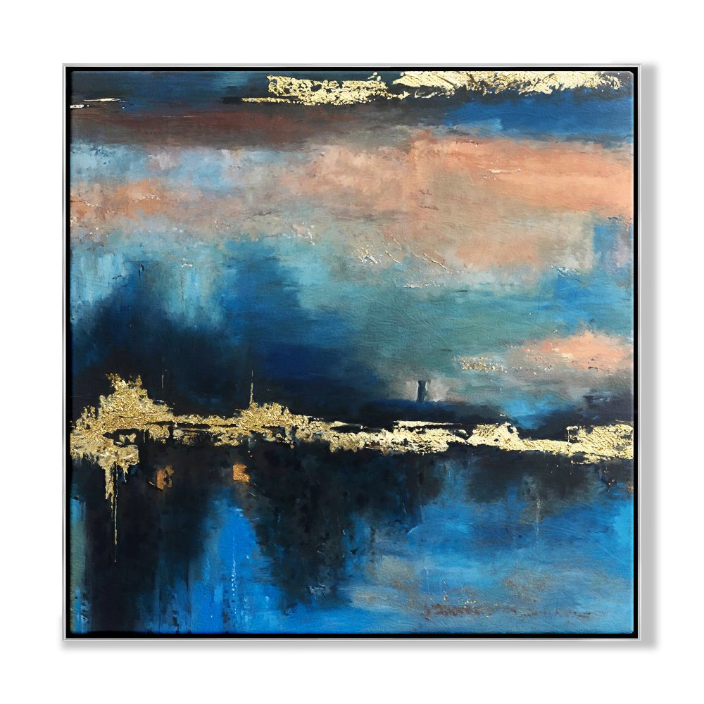 Abstract Oil Painting of Golden Sunset Over Blue Horizon