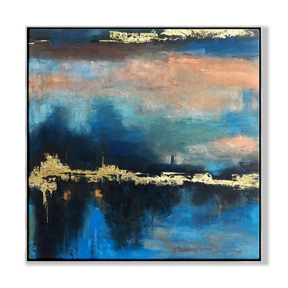 Abstract Oil Painting of Golden Sunset Over Blue Horizon