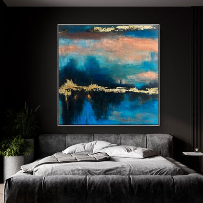 Abstract Oil Painting of Golden Sunset Over Blue Horizon