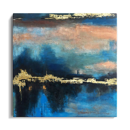 Abstract Oil Painting of Golden Sunset Over Blue Horizon