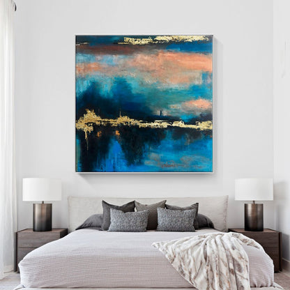 Abstract Oil Painting of Golden Sunset Over Blue Horizon