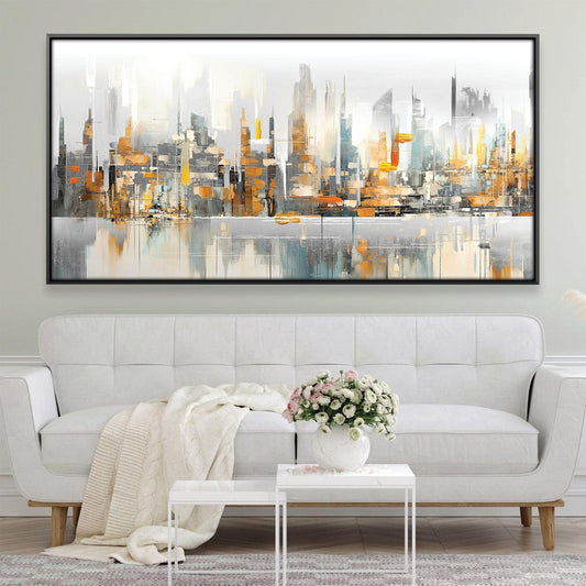 Urban Skyline Reflections Oil Painting for Modern Home Decor