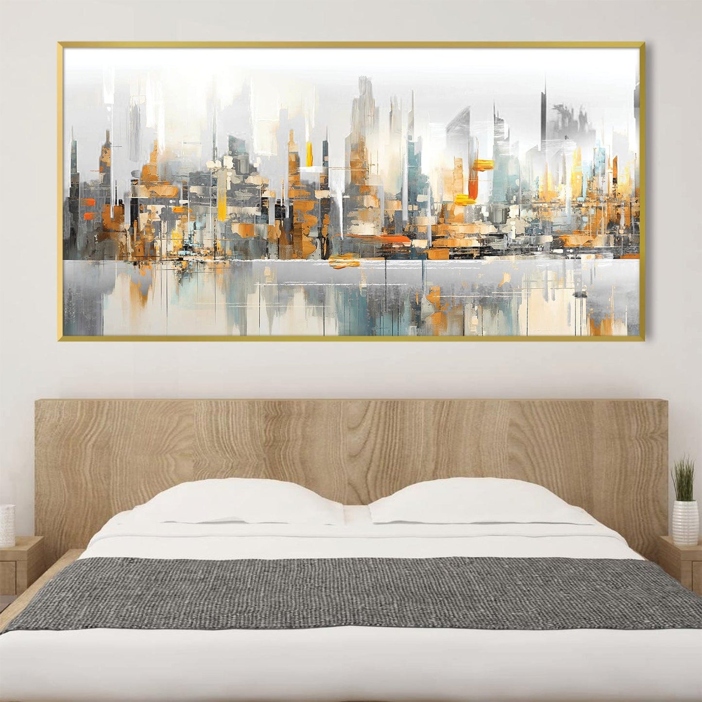 Urban Skyline Reflections Oil Painting for Modern Home Decor