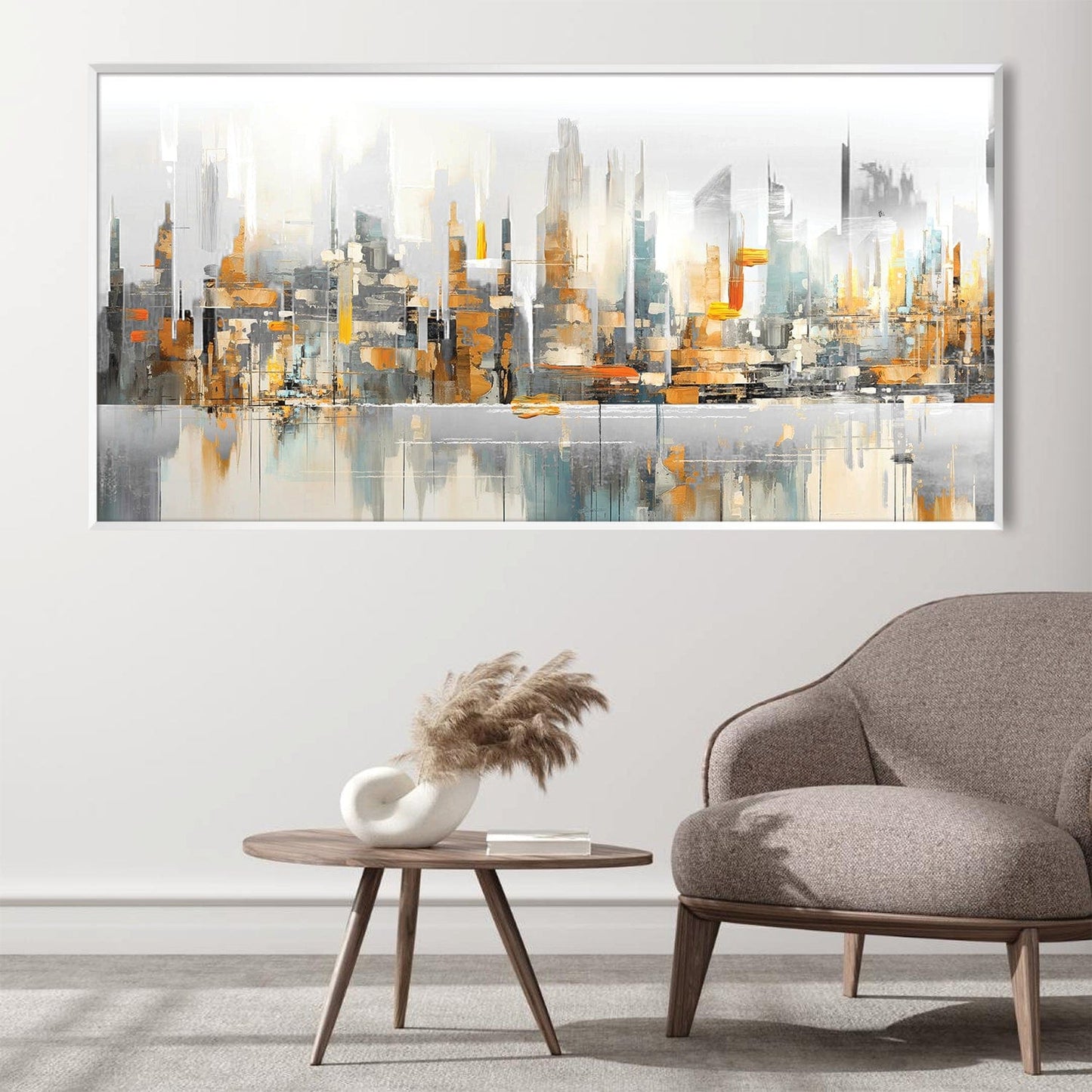 Urban Skyline Reflections Oil Painting for Modern Home Decor