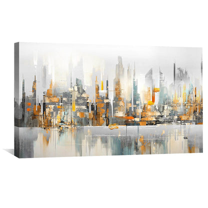 Urban Skyline Reflections Oil Painting for Modern Home Decor