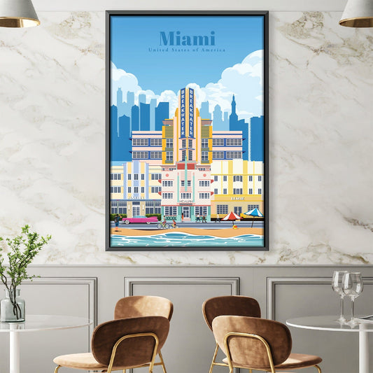 Vibrant Miami Beach Oil Painting - Art Deco Cityscape with Coastal Serenity