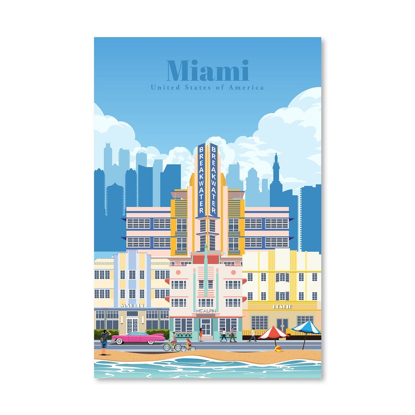 Vibrant Miami Beach Oil Painting - Art Deco Cityscape with Coastal Serenity