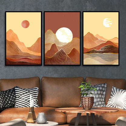 Abstract Mountain Landscape Art with Moon and Sun in Warm Tones