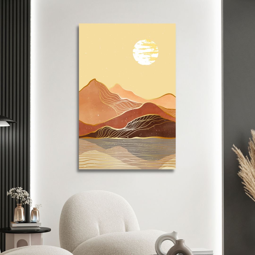 Abstract Mountain Landscape Art with Moon and Sun in Warm Tones