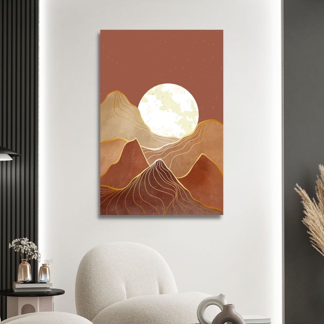 Abstract Mountain Landscape Art with Moon and Sun in Warm Tones