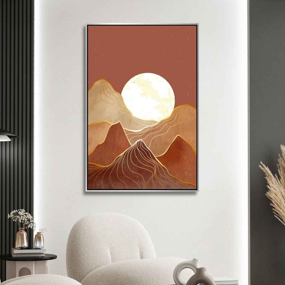 Abstract Mountain Landscape Art with Moon and Sun in Warm Tones